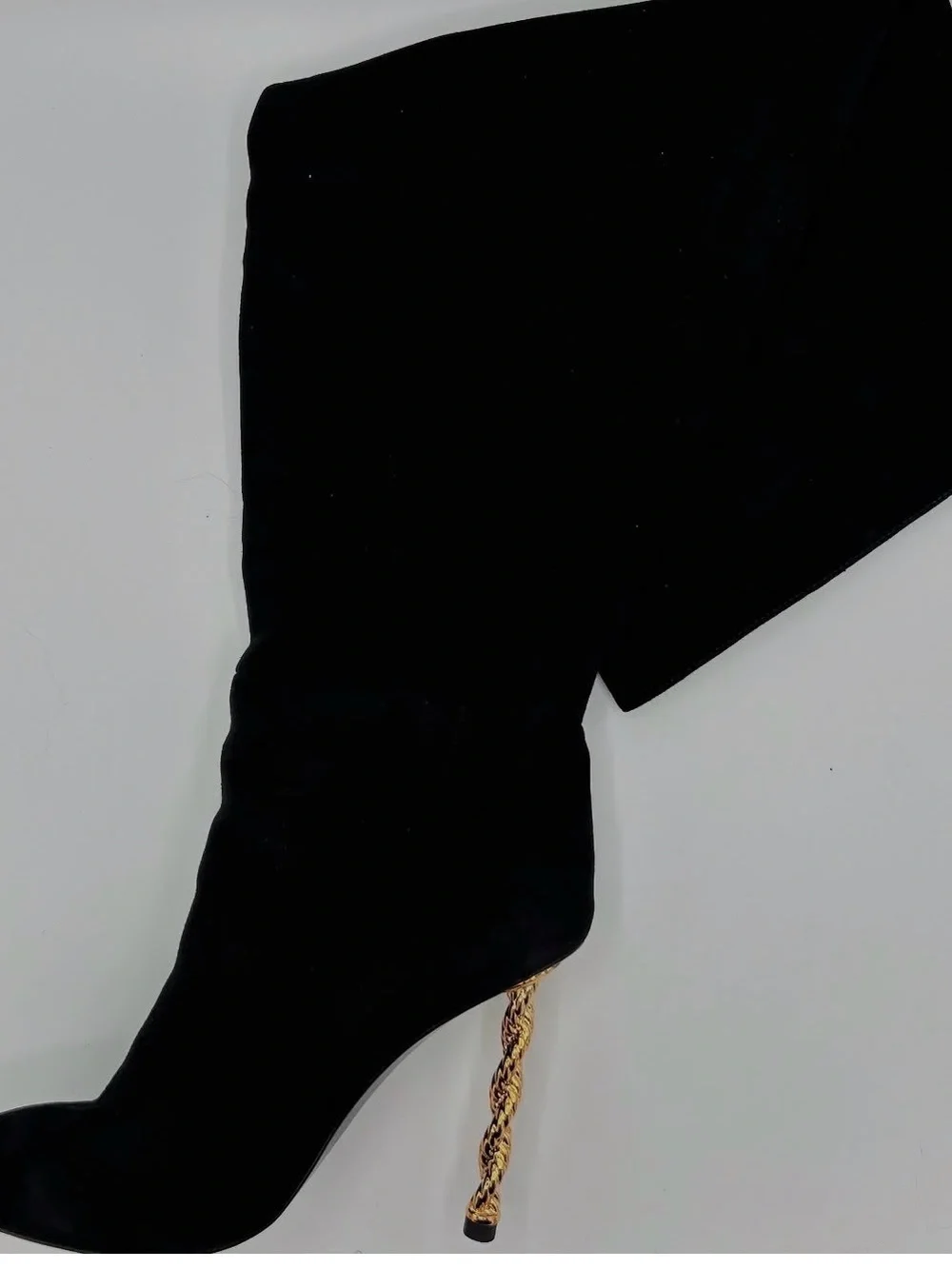 Black Over-the-Knee Boot with Twisted Gold Stiletto Heel